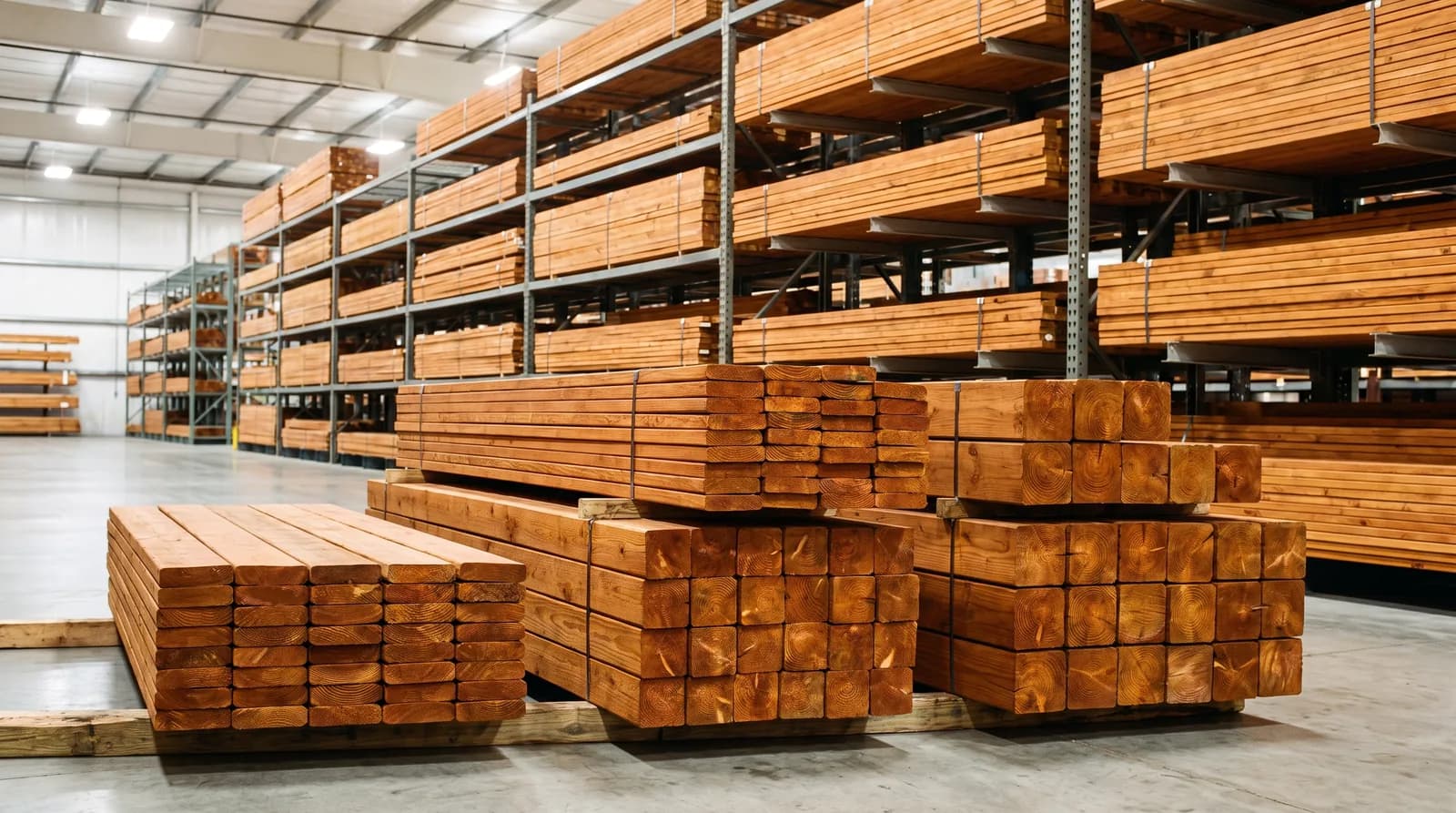 Stacks of pressure-treated decking boards and 4x4 and 6x6 posts on the warehouse floor
